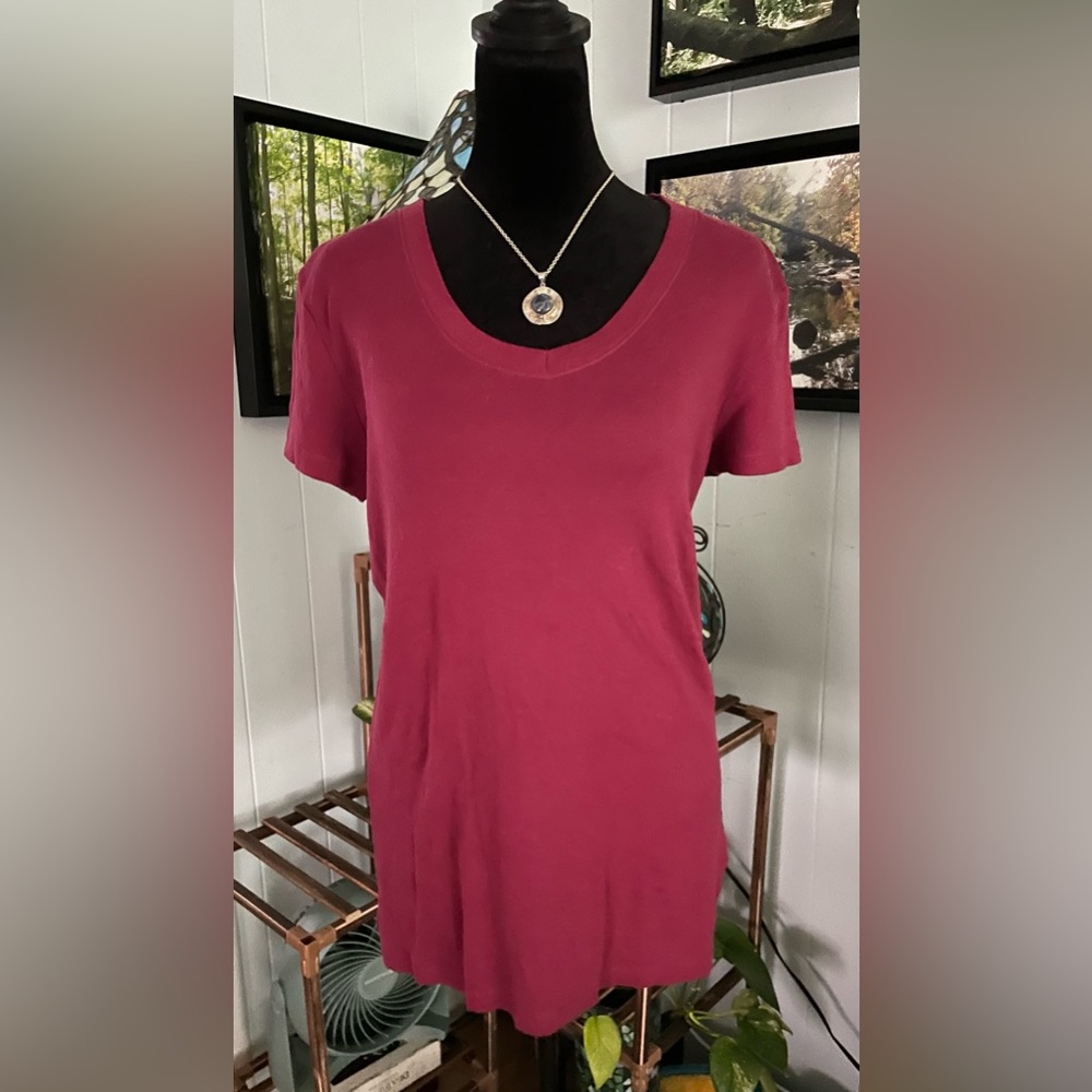 Cotton Cranberry V-Neck Short Sleeve Tee Shirt Med